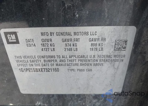 2014 Chevrolet Cruze 2Lt Auto из США, поврежденный, VIN 1G1PE5SBXE7321160